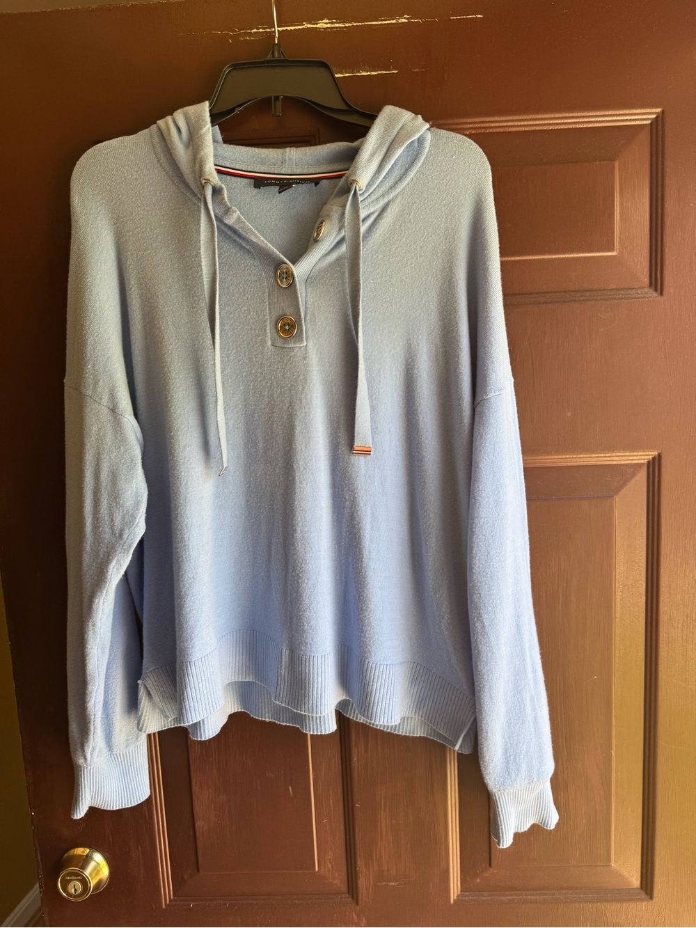 Tommy Hilfiger Blue Sweater Three Button Hoodie Size Large
